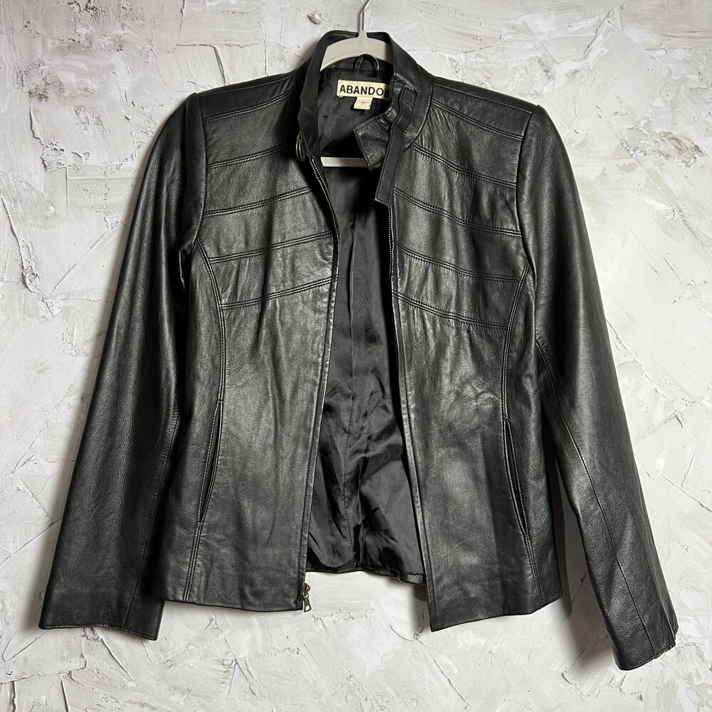 Abandon Italian Leather Moto Jacket SIZE XS Black Lace-Up Sleeves Lined